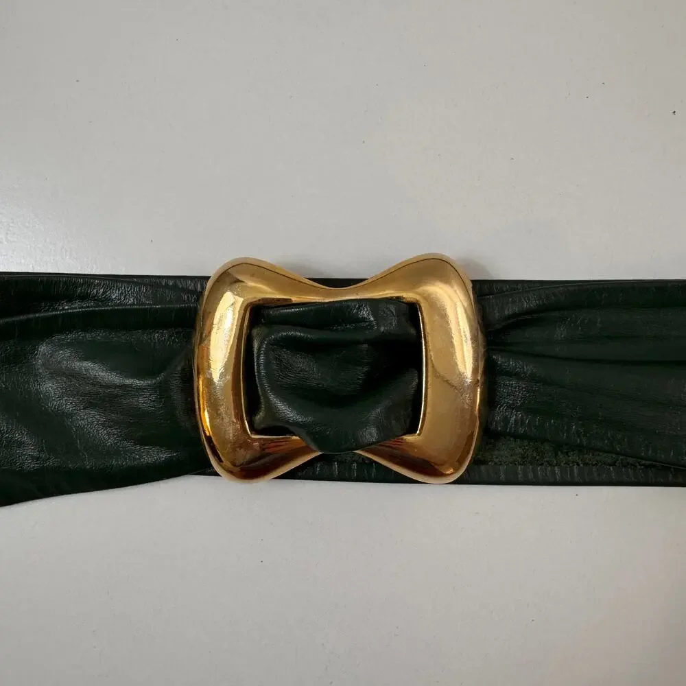 VTG Ceinture Emmanuel Canada Women Belt Green Genuine Leather Gold Brass Buckle